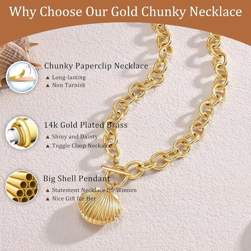 14K Gold shell-gd Plated Chunky Layered Necklace | Paperclip Herringbone Chain - Picture 5 of 6